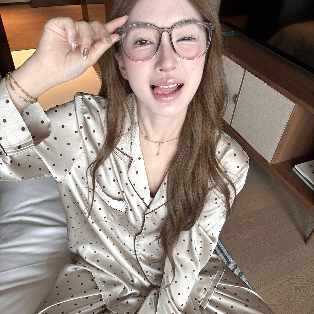 法式波点真丝睡衣女春秋季高级感可外穿长袖长裤桑蚕丝家居服套装