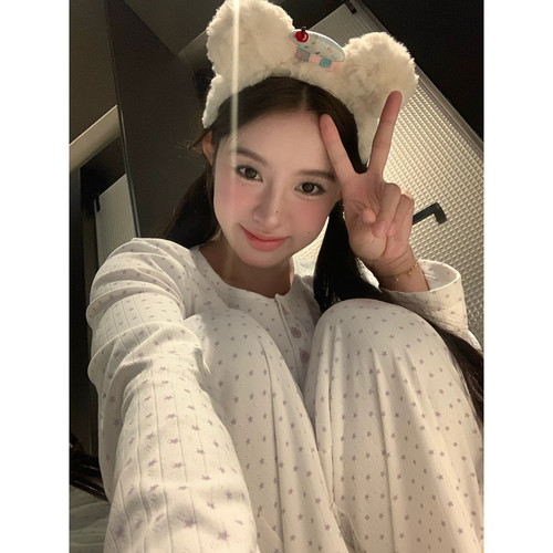 GP Seeu紫色星星睡衣女款秋季可外穿休闲圆领长袖长裤家居服套装