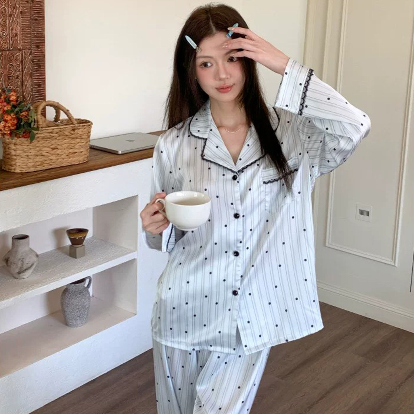 条纹真丝睡衣女春秋季2026新款长袖长裤薄款宽松桑蚕丝家居服套装