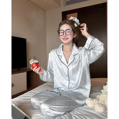 韩系蓝色星星真丝睡衣女2026春秋长袖带胸垫高级感外穿家居服套装