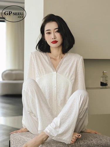 高级感纯棉睡衣女春秋长袖家居服