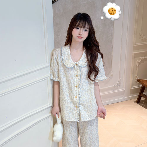 【浅蓝花眠】2026新款夏纯棉娃娃领碎花睡衣女短袖舒适家居服套装