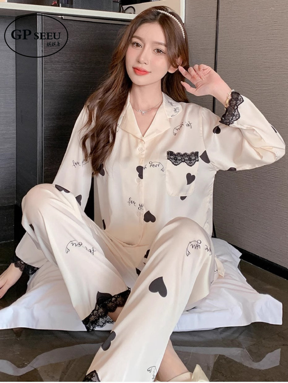 GP Seeu真丝睡衣女春秋新款爱心长袖套装高级感蕾丝锁边家居服
