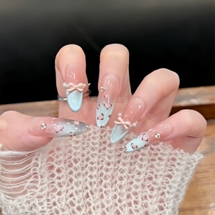 曼辞纯手工穿戴甲粉色豹纹蓝色猫眼蝴蝶结美甲显白高级感网红同款