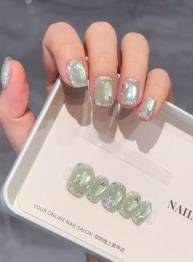 曼辞纯手工穿戴甲短款绿色猫眼玻璃珠美甲爆闪蝴蝶光疗假指甲贴片