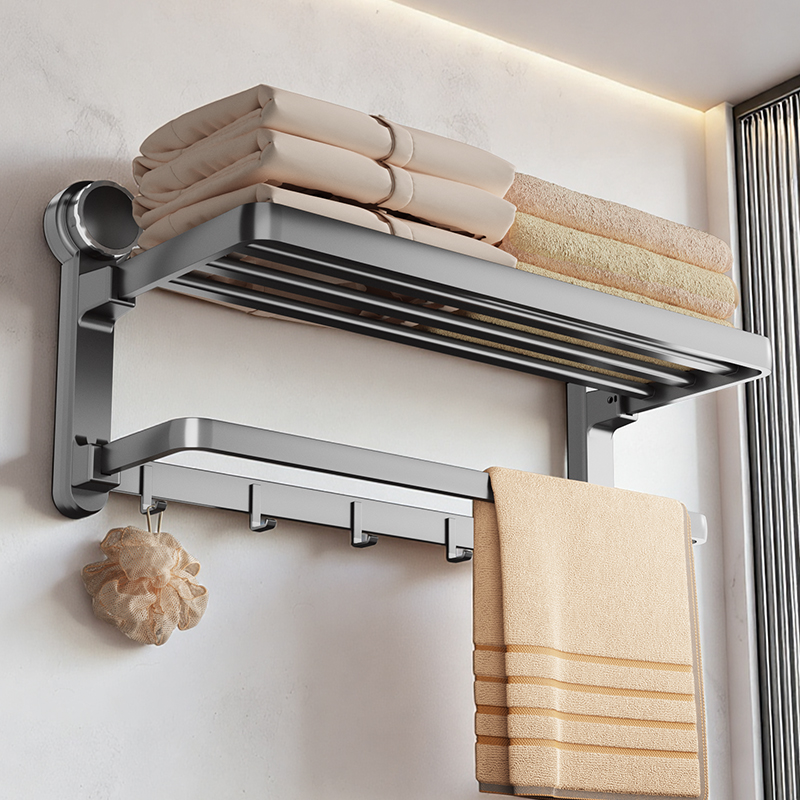 四季沐歌卫生间置物架吸盘式浴室毛巾架一体免打孔厕所浴巾架子