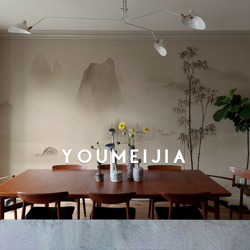 墙布定制竹子电视背景墙壁纸新中式山水卧室客厅无缝壁画餐厅墙纸
