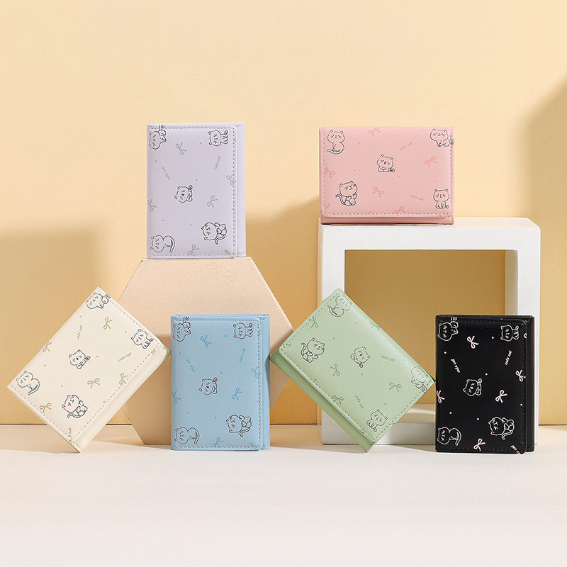 德国精工卡通印花三折ins女士钱包可爱猫短款学生零钱小卡包