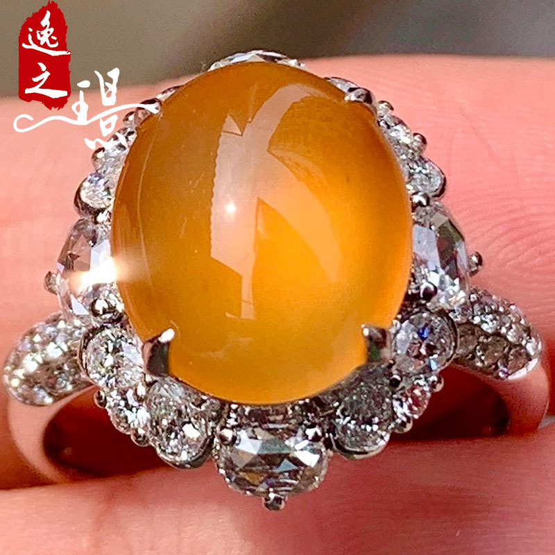 逸之璟 缅甸老坑天然a货翡翠玻璃种黄翡蛋面18k金镶嵌翡翠戒指女