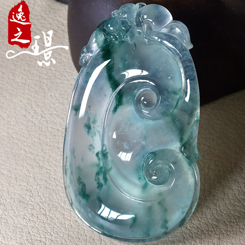 逸之璟 天然缅甸老坑a货翡翠雕刻高冰飘蓝花事事如意翡翠吊坠挂件