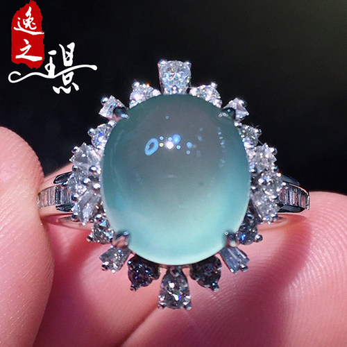 逸之璟 缅甸老坑天然a货翡翠冰种天空蓝蛋面18k金镶嵌翡翠戒指