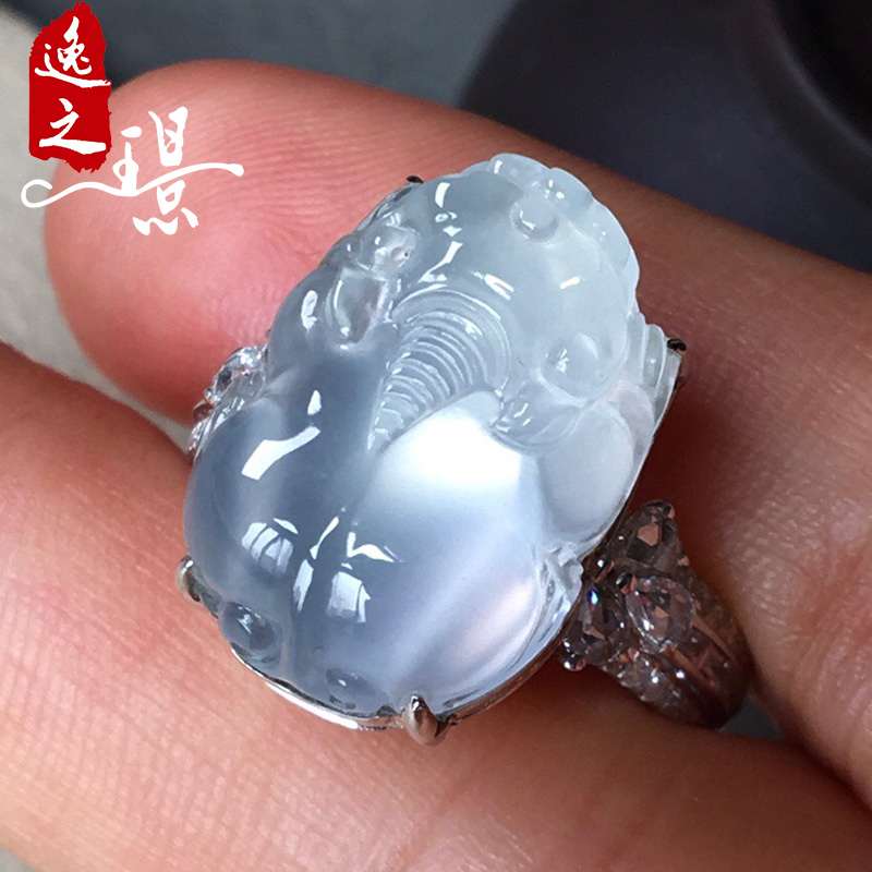逸之璟缅甸老坑天然a货翡翠高冰种白底招财貔貅18k金镶嵌翡翠戒指
