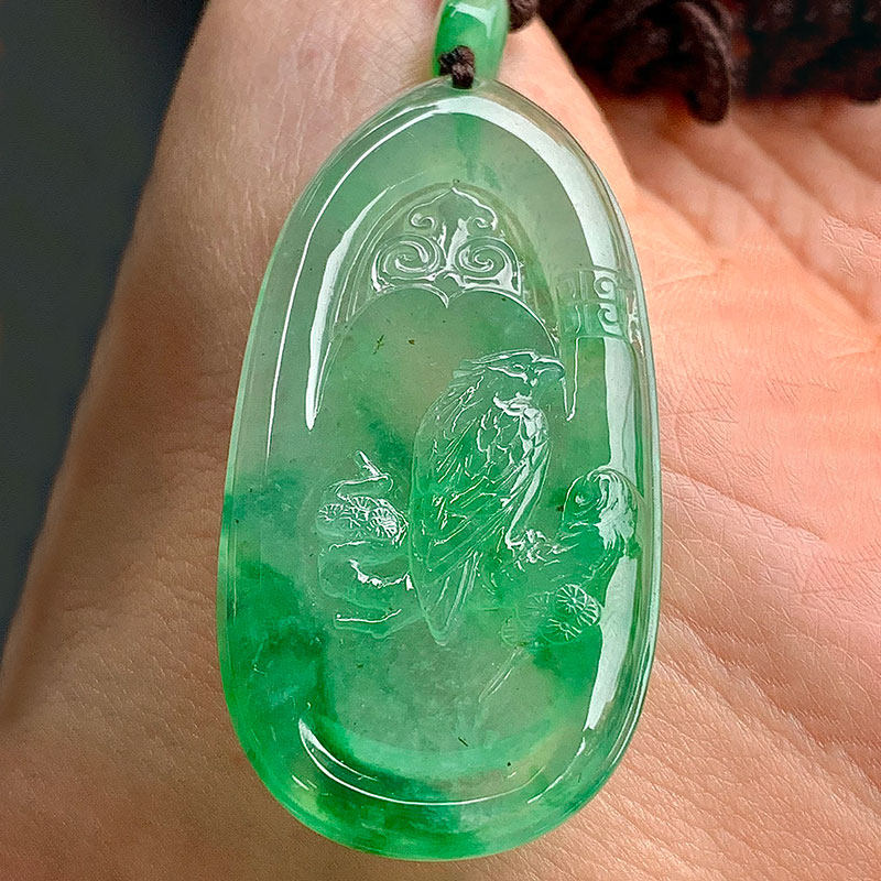 逸之璟缅甸老坑天然a货翡翠玉石雕刻冰种飘绿喜上眉梢翡翠吊坠女