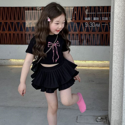 儿童短袖T恤女童短款上衣百褶裙半身裙裤套装女宝宝短裙夏装薄款