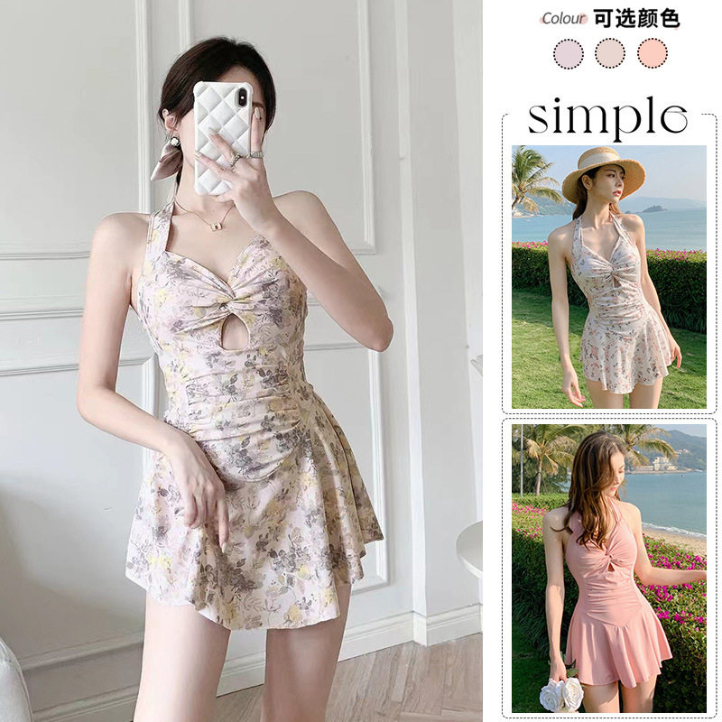 泳衣女士连体碎花裙式小胸聚拢性感纯欲风挂脖泡温泉女式泳装批发