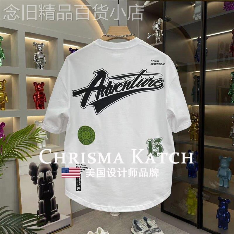 出口美国Chrisma Katch夏季新款字母印花燕尾短袖圆领宽松体恤
