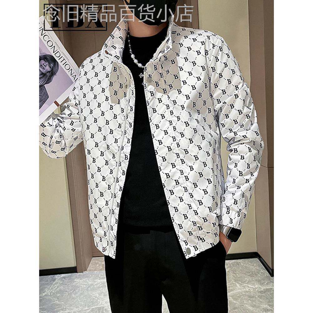 高端格子外套男士春秋季2025新款痞帅高级感印花立领夹克男款秋冬
