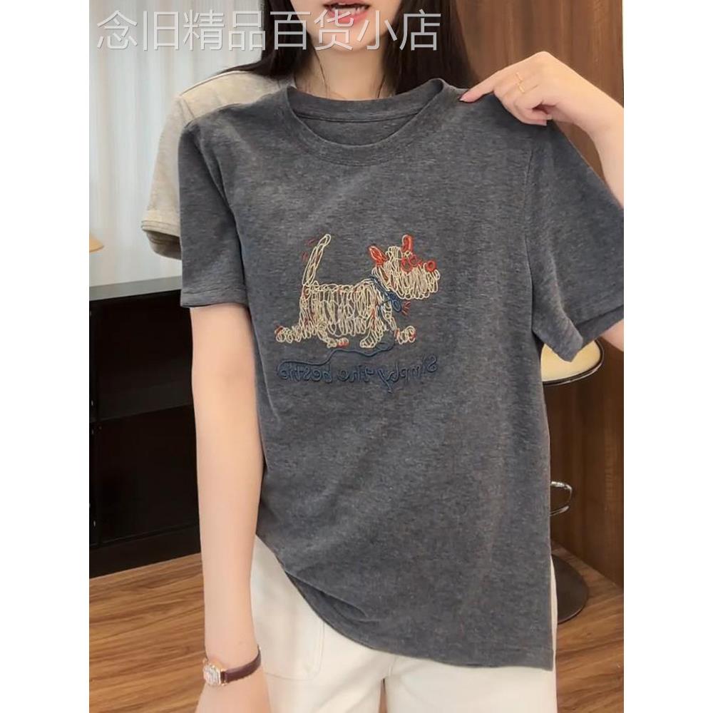 韩国重工绣花短袖t恤女2025夏季小众设计感大码纯棉宽松女士上衣