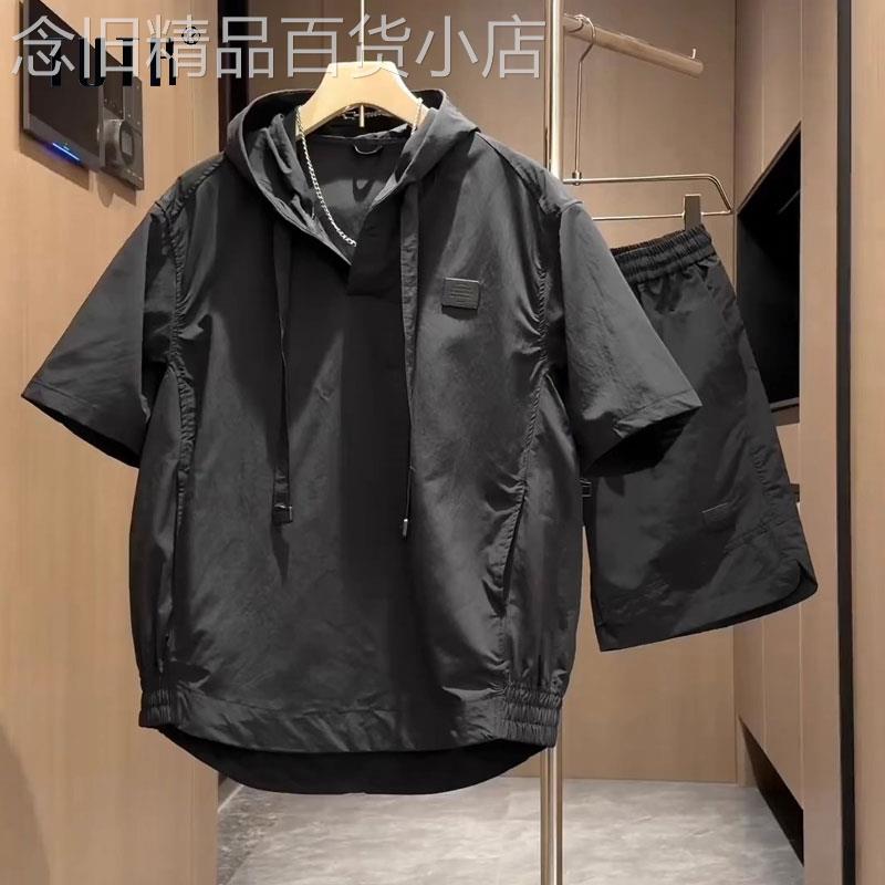 冰丝防晒衣套装男士夏季高级感时尚休闲连帽防晒服短袖短裤两件套