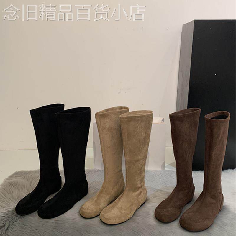香港极简随性韩版弹力瘦瘦靴女圆头小个子坡跟增高瘦腿高筒长靴