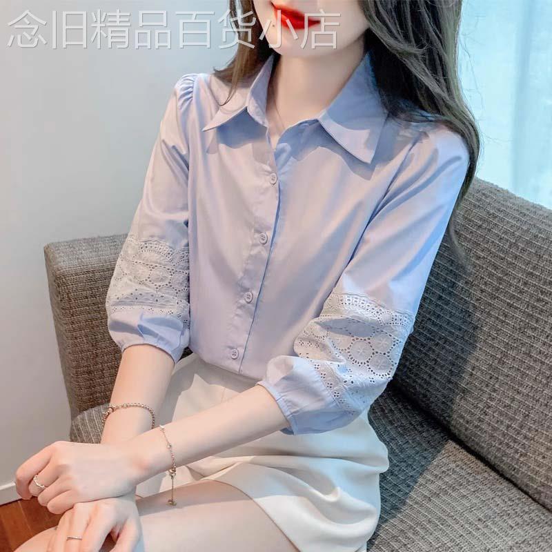 蓝色衬衫女2026新款夏季Polo领镂空高级感轻奢减龄洋派泡泡袖上衣