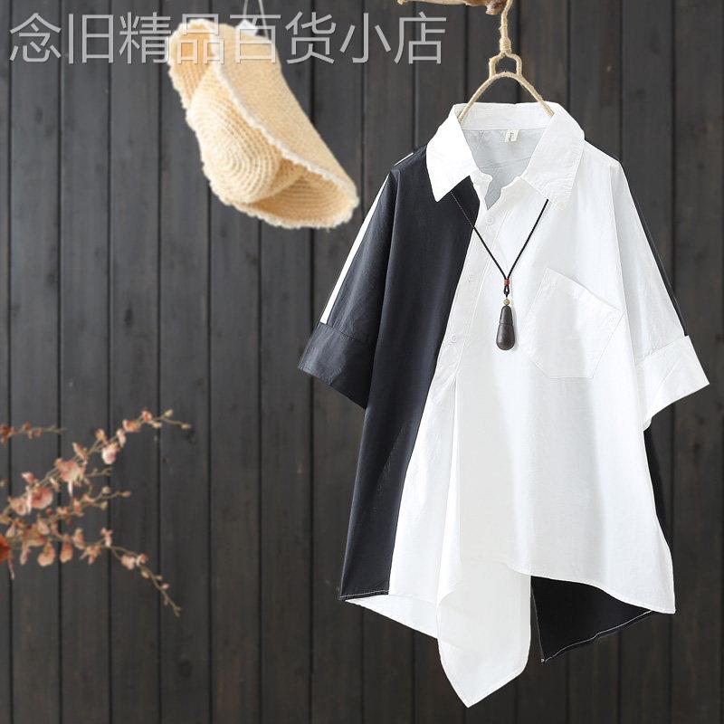 法式设计感小众拼色短袖衬衫女2025年夏季新款宽松不规则拼接上衣
