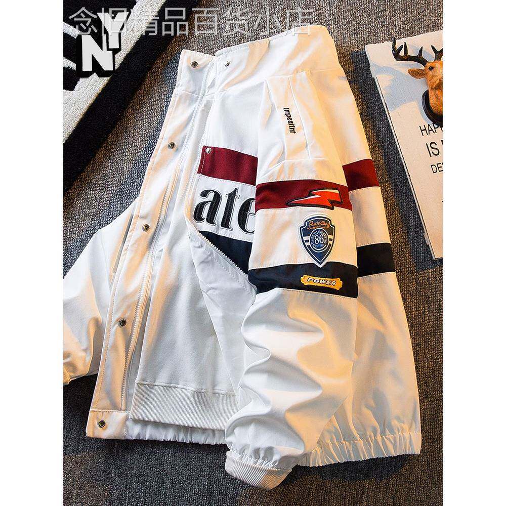 NY美式覆古刺绣赛车风外套男士潮牌痞帅情侣机车服立领飞行员夹克