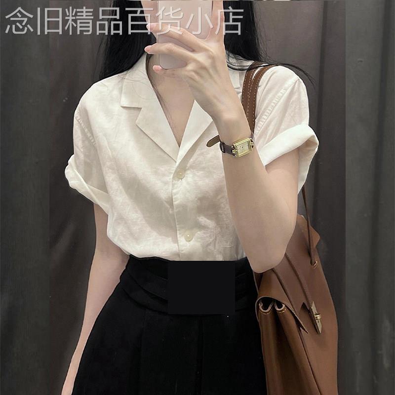 欧洲站棉麻职业翻领短袖正肩衬衫女2026新款夏季法式白色宽松上衣