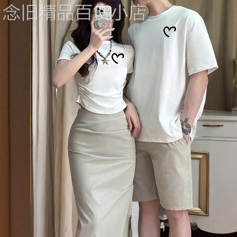潮牌CVY辣妹情侣装短袖T恤2026夏季新款一长一短领证登记纯棉上衣