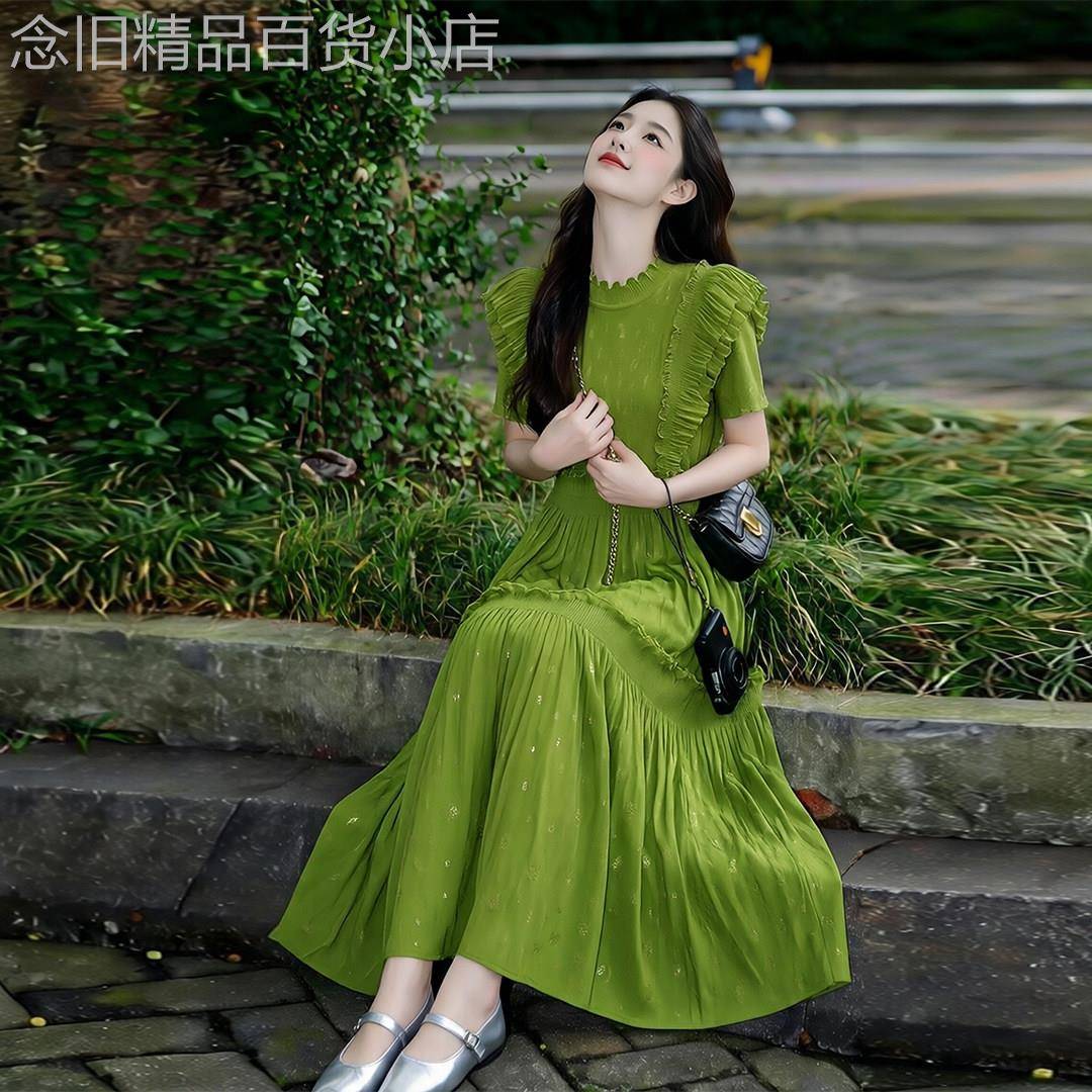 法式气质绿色洋装女2026夏季新款小个子高级感独特超好看长裙子