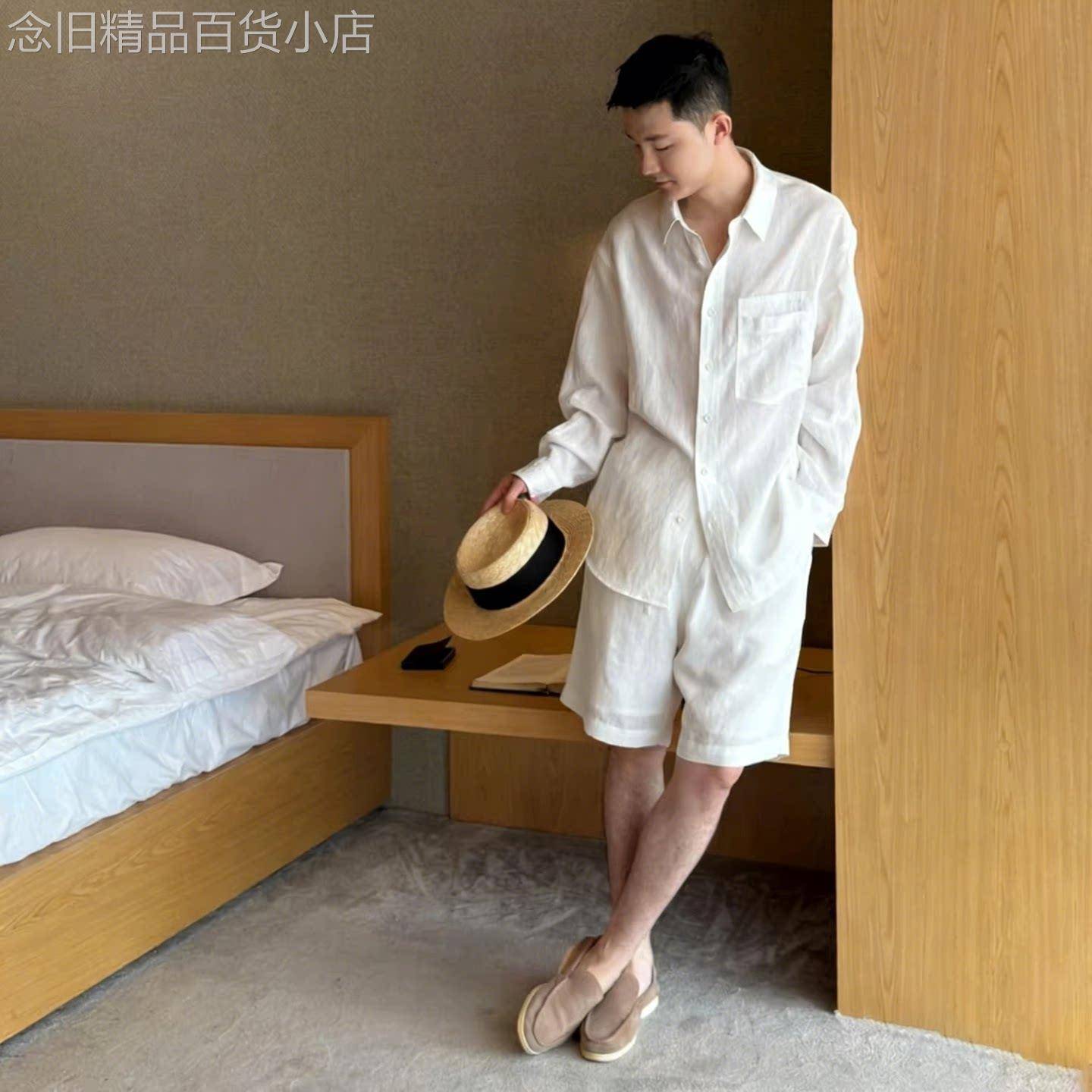 韩国Uamtor套装男夏季新款亚麻垂顺休闲雅痞时尚百搭简约衬衫短裤图片
