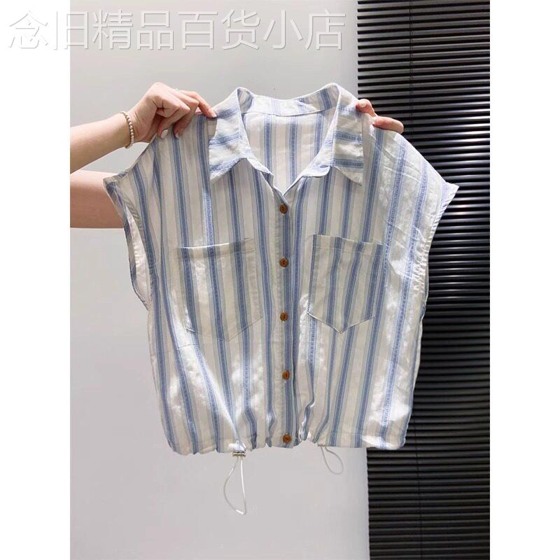 条纹短袖衬衫女高级感夏季薄款2025年新款宽松显瘦短版t恤女上衣