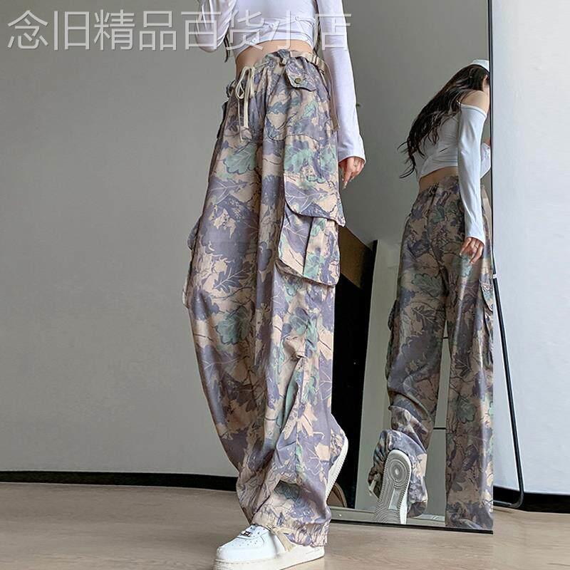 美式迷彩抽绳束脚阔腿工装裤女夏季薄款高腰炸街两穿休闲运动长裤