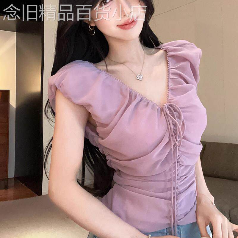 V领雪纺衫女士夏新款紫色褶皱系带蕾丝边纯欲风修身无袖背心上衣