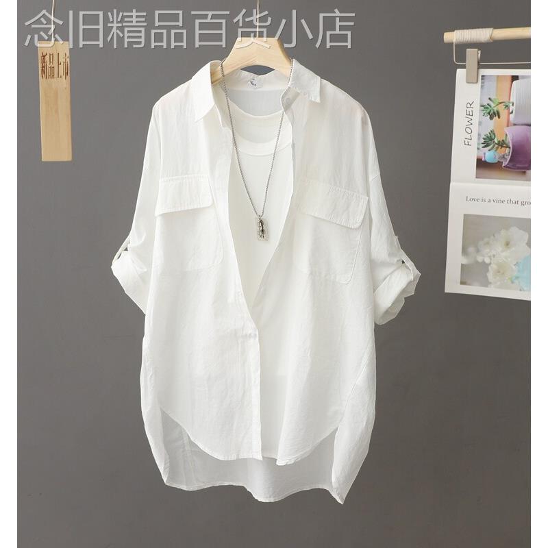 纯棉白色衬衫女夏季新款宽松显瘦五分袖薄款衬衫高级感长袖防晒衫