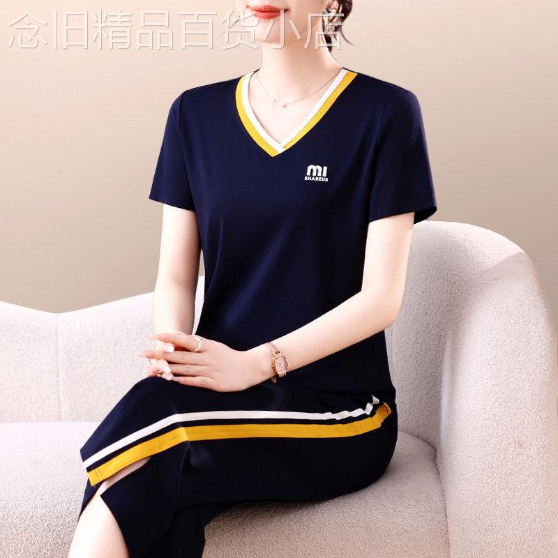 韩国中年妈妈夏装洋派时尚冰丝运动套装V领短袖七分裤休闲两件式