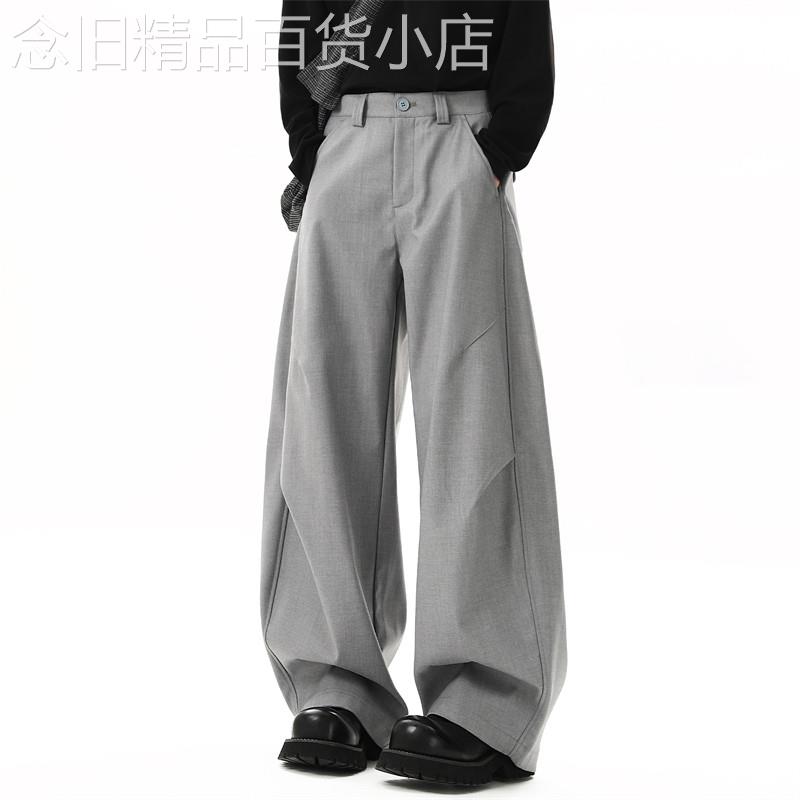 潮牌灰色褶皱弯刀西裤男春秋2026新款高级感西装裤宽松垂感休闲裤