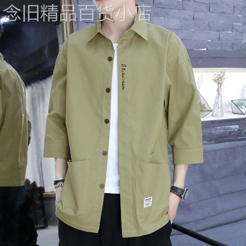 潮牌短袖衬衫男士夏季宽松百搭七分袖衬衣潮流外套长袖男装上衣服