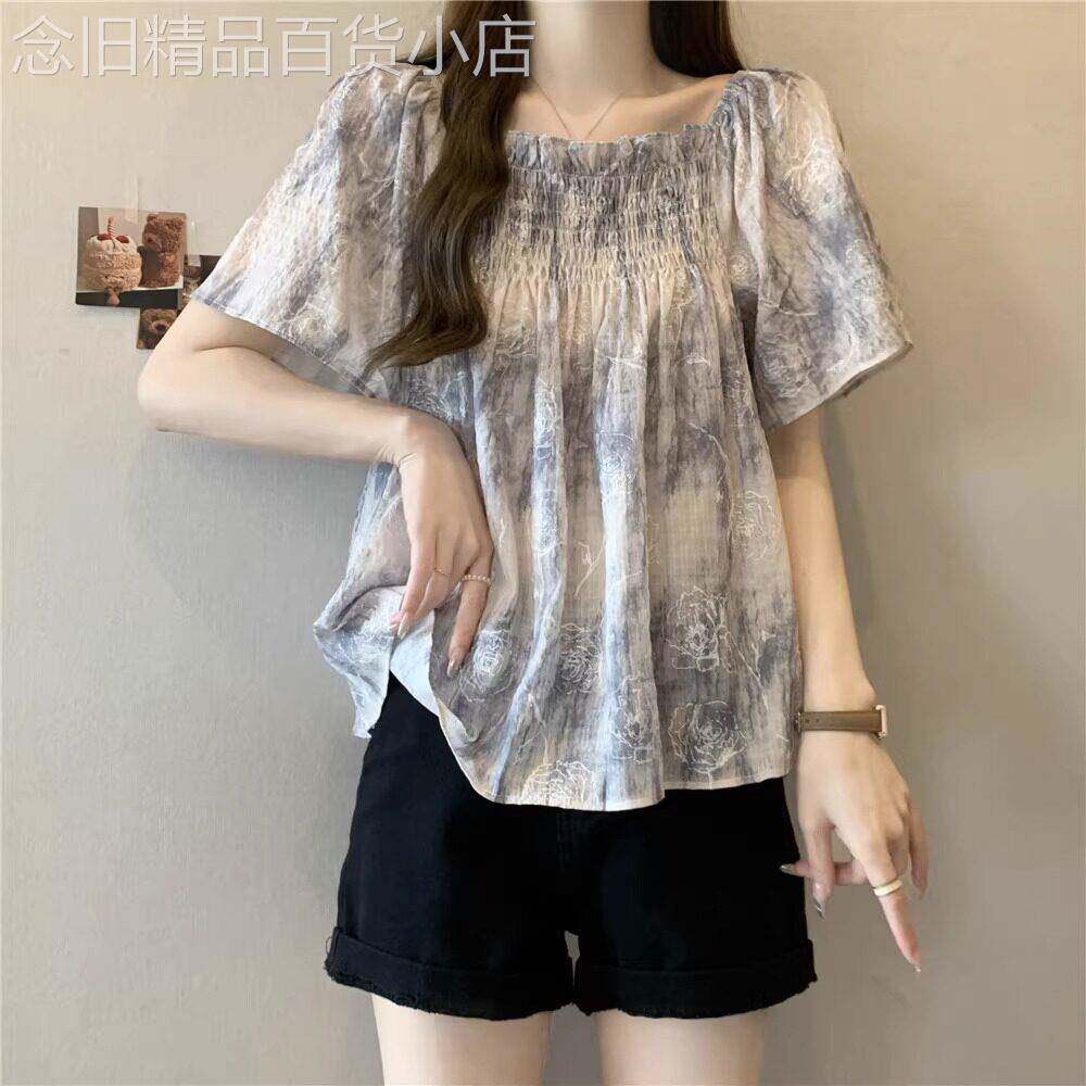 方领法式短袖雪纺衬衫女夏季2026新款设计感别致扎染显瘦时尚上衣