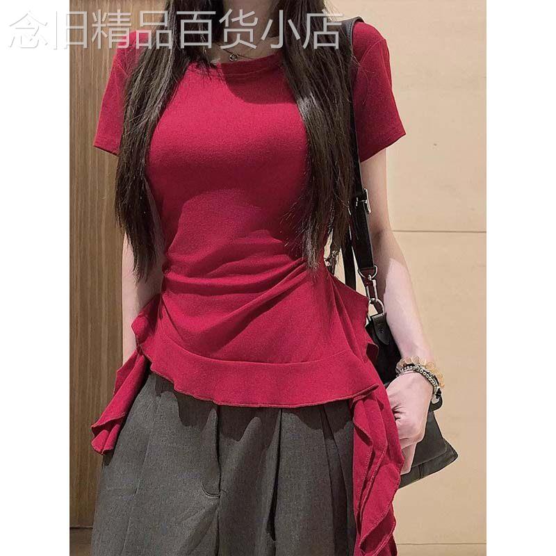 辣妹荷叶边红色正肩短袖t恤女2026夏季新款欧货不规则绑带上衣