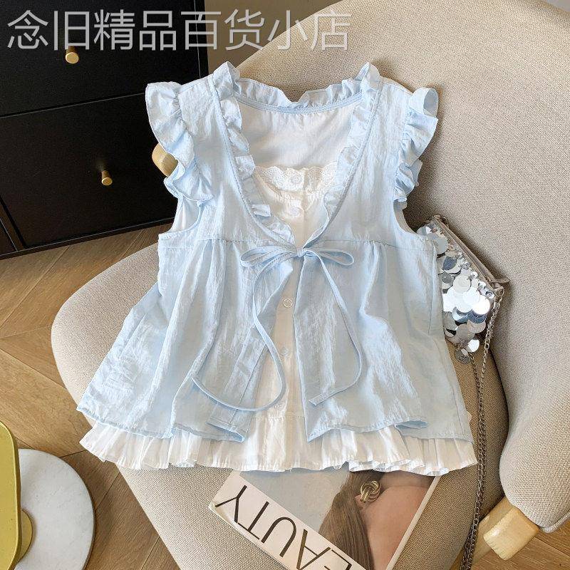 蓝色格子假两件衬衫女夏季薄款气质减龄木耳边系带漂亮娃娃衫上衣