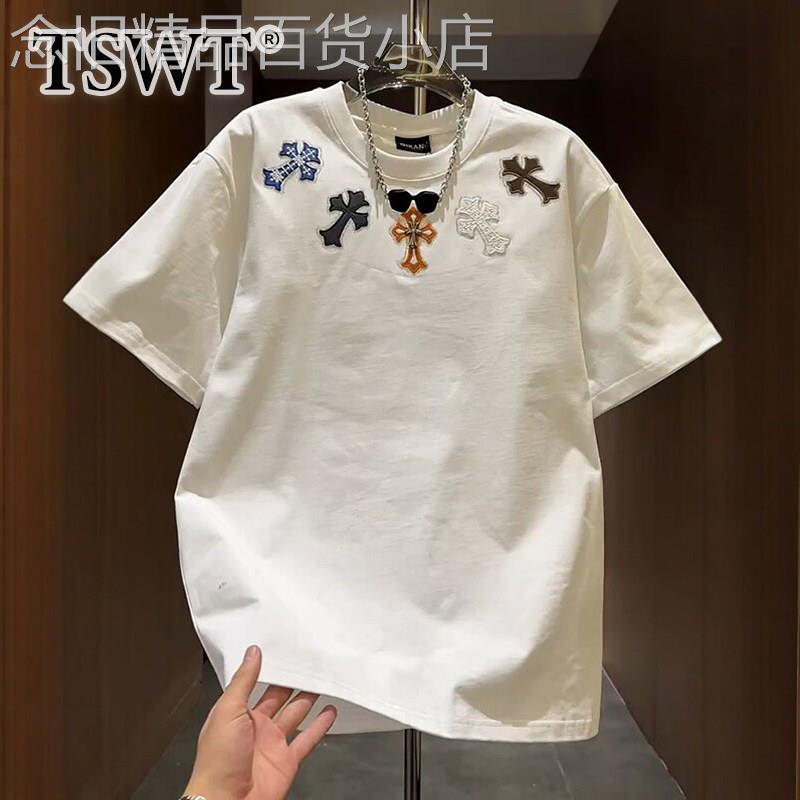 高端白色刺绣短袖T恤男夏季2026新款十字架宽松透气男款半袖上衣