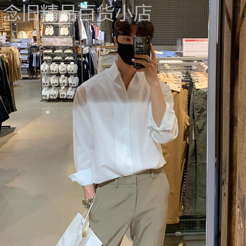 潮牌衬衫男士夏季韩版宽松百搭纯色休闲上衣服商务高级感长袖衬衣