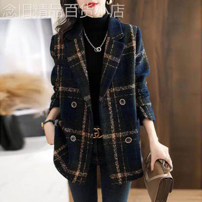 毛呢西装外套女秋冬2025新款韩版宽松中长款休闲格纹呢子西服上衣