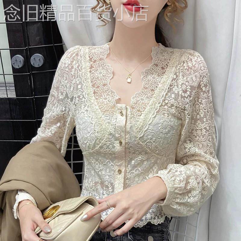 法式网纱v领蕾丝衫女装2026秋季新款修身显瘦气质内搭打底衫上衣