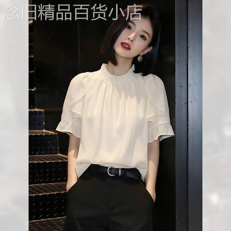 简约荷叶边短袖衬衫女夏季2026年新款雪纺上衣泡泡袖小衫立领绝美