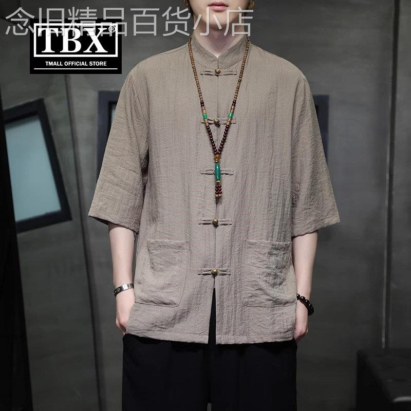 亚麻冰丝衬衫男式短袖2025新夏季民族风新中国风唐装汉代男式半袖
