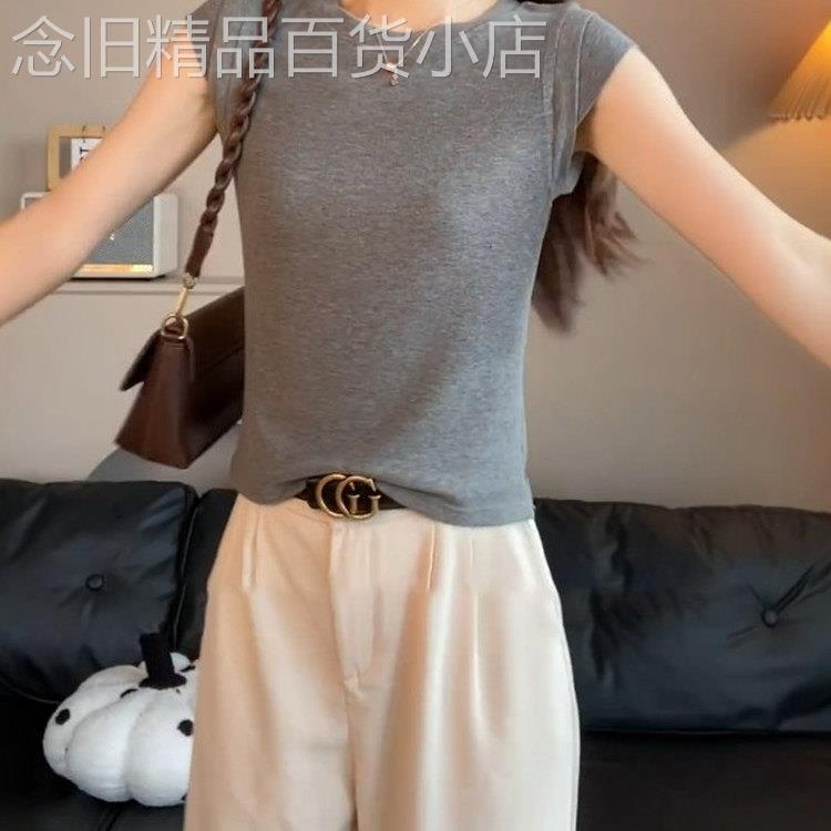 韩国大码胖MM气质圆领小飞袖T恤夏季新款设计感显瘦百搭短袖上衣