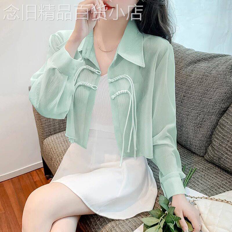 潮牌复古盘扣冰丝防晒衣女夏季薄款雪纺衬衫透气短款外搭开衫外套
