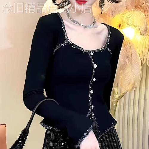 复古优雅设计感黑色开叉衬衫女2026早秋新款修身显瘦气质百搭长袖